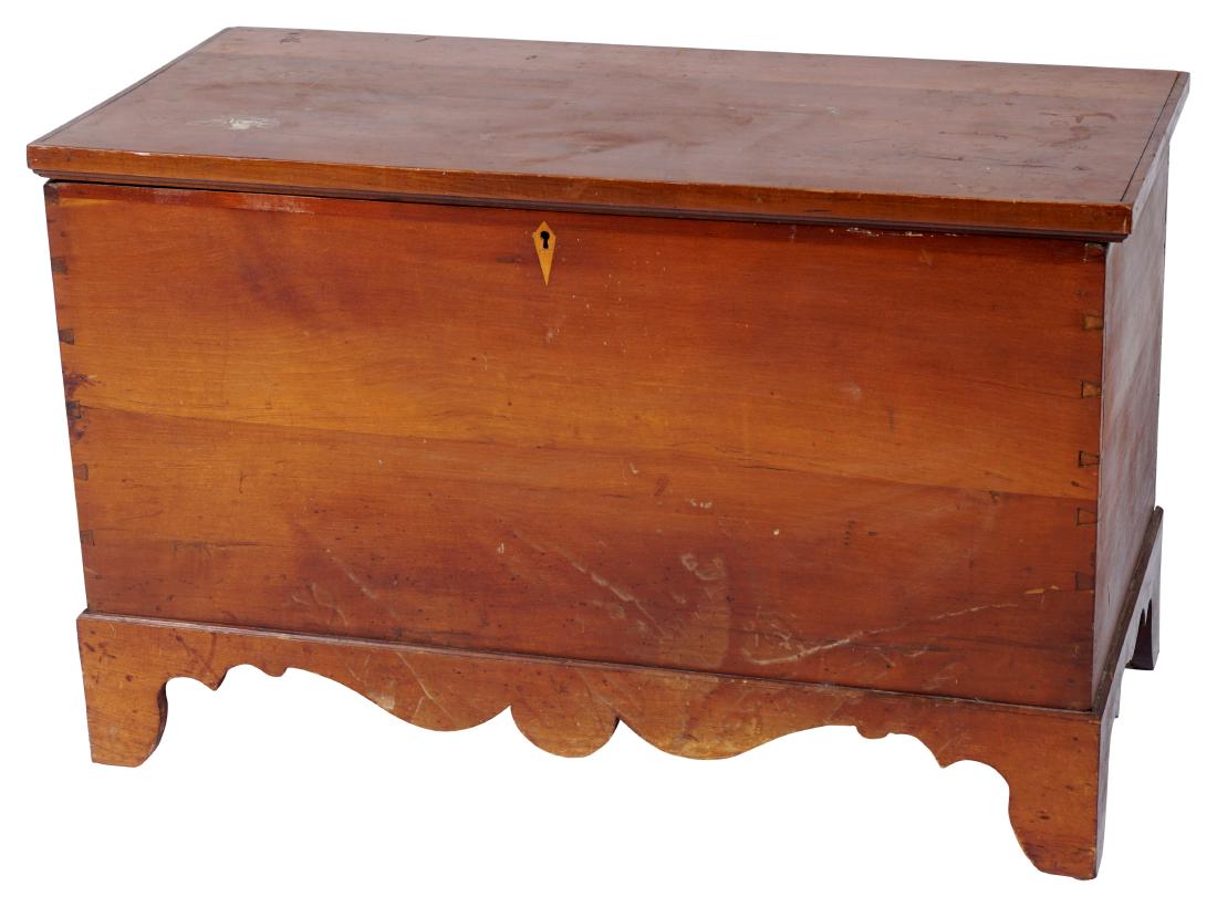 Kentucky Blanket Chest: Cherry, small form. Hinged compartment tray and drawer. Original finish and base with dovetailed sides and inlaid escutcheon. Provenance: from the Bond estate in Elizabethtown Kentucky 22.5"H x 35.5"W