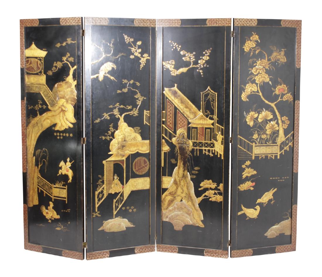 Chinese Four Panel Lacquered Screen (1 of 9)