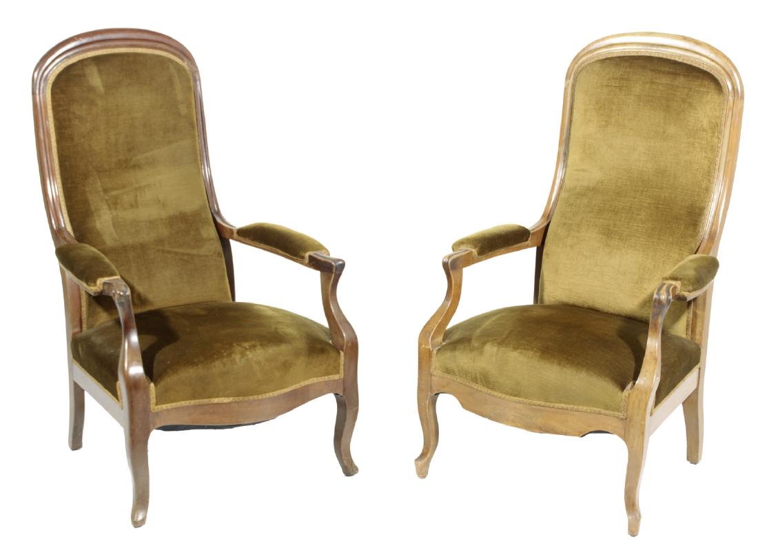 Near Pair Louis Philippe Voltaire Chairs: 19th / 20th. With shape slanting backs, now upholstered in brown velvet. Condition commensurate with age and use. 43"H x 24"W x 26"D