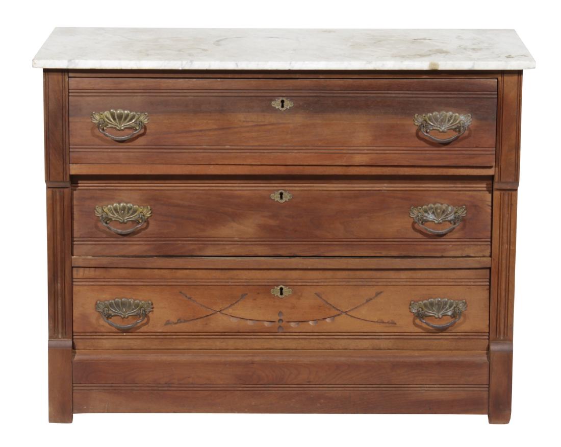 Victorian Eastlake Commode: Late 19th C. Walnut, with white marble top, and incised decoration. Condition commensurate with age and use. 31"H x 40.25"W x 18"D