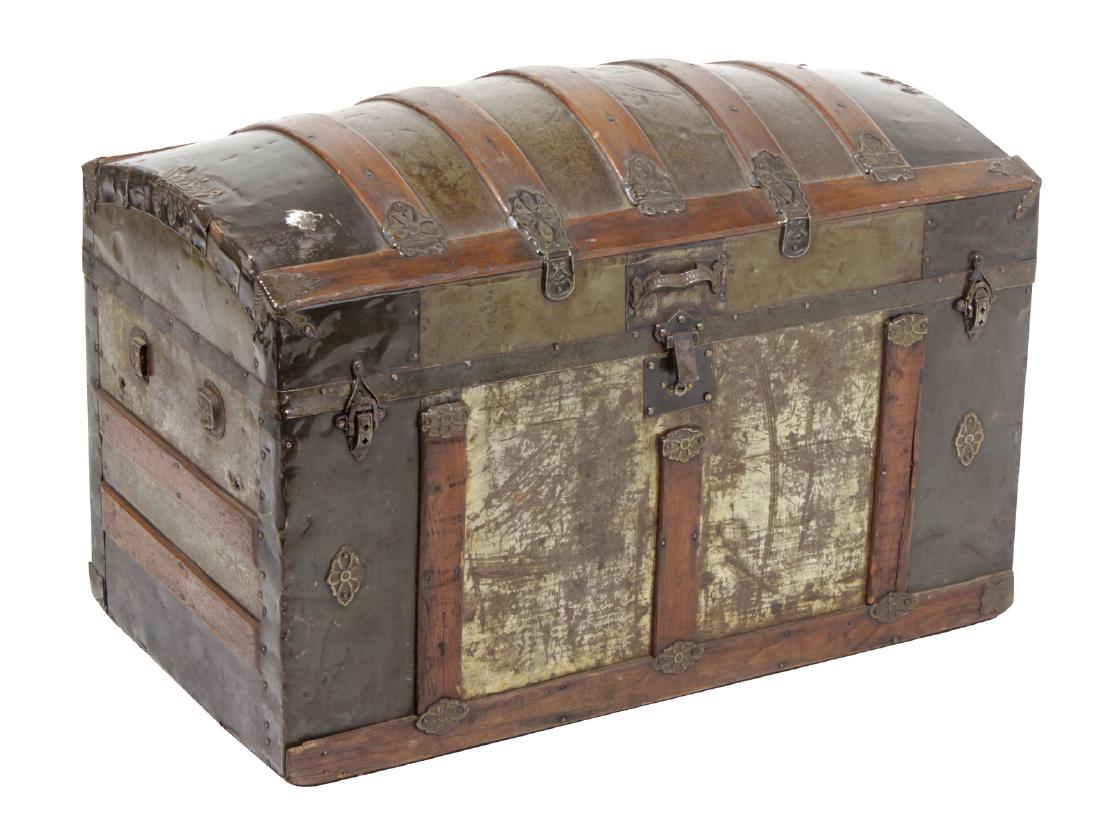 Dome Top Trunk: 20 century with wooden ribs and metal covering. Condition commensurate with age and use. 22"H x 36"W x 19"D