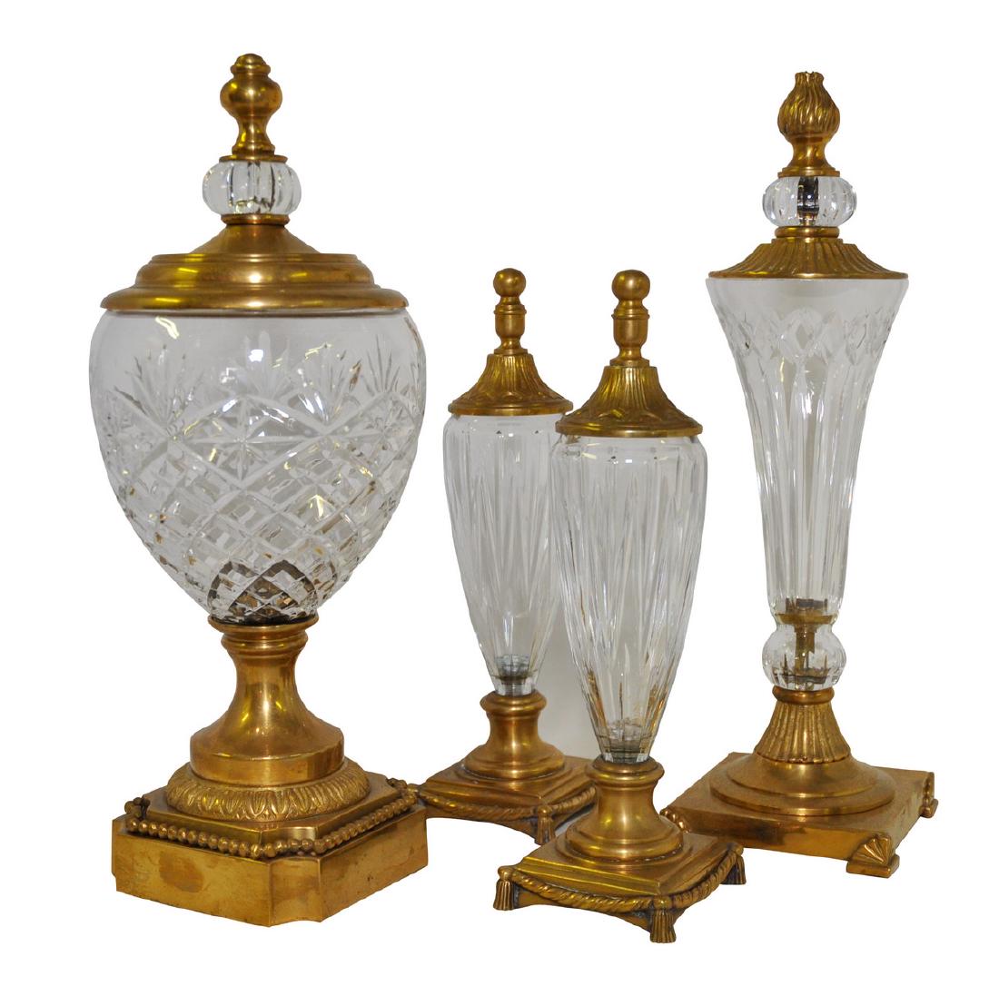 Four Piece Brass Mounted Crystal Mantel Garniture (1 of 7)