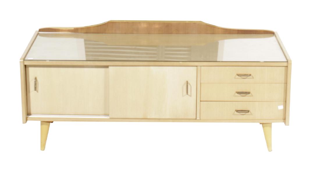 Mid century Dresser & Mirror: Circa 60's-70's. Sleek design with shaped mirror. 19"H x 47"W x 15"D