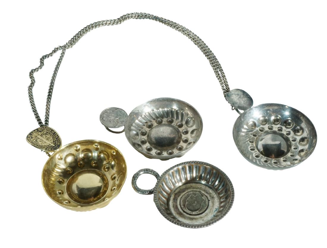 Group Lot of Four Silver Plate Wine Tasters: One marked Brotherhood of the Knights of the Vine. Condition commensurate with age and use. 1"H x 4.25"Dia