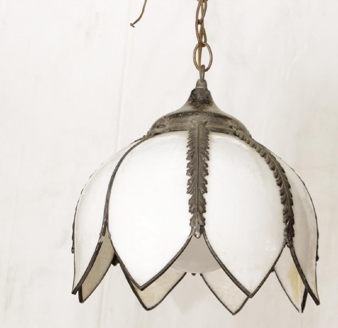 Diminutive Slag Glass Fixture: Diminutive Slag Glass Fixture 20th C. With chain and metal frame supporting eight glass sections shaped as lotus leaves. 11: H x 10.5"D