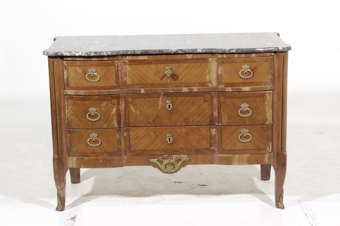 Louis XVI Style Commode: 20th c, marquetry with marble top, over 3 drawers.Repairs.35"H x 50"W x 20"D