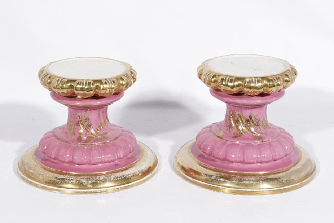 Pair English Porcelain Pedestals: late 19th C. With swirling raspberry pink so cool, gilt decoration. Mark of Hall, 1790 Good condition, wear to gilding.