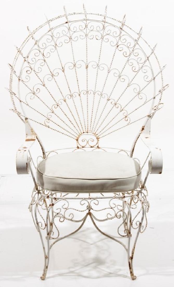 Peacock Fan Garden Armchair: Vintage, Iron scroll work with fan back & arms. Painted white, now rusted. 48.5"H x 33"W x 21.5"D