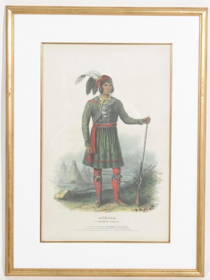 Lithograph of ASEOLA, Seminole Indian Leader: A hand-colored lithograph, after Daniel Rice & James G. Clark titled, ASEOLA (circa 1842). This portrait of a Seminole Indian leader, leaning against a rifle. It is inscribed in typeset to the lower m