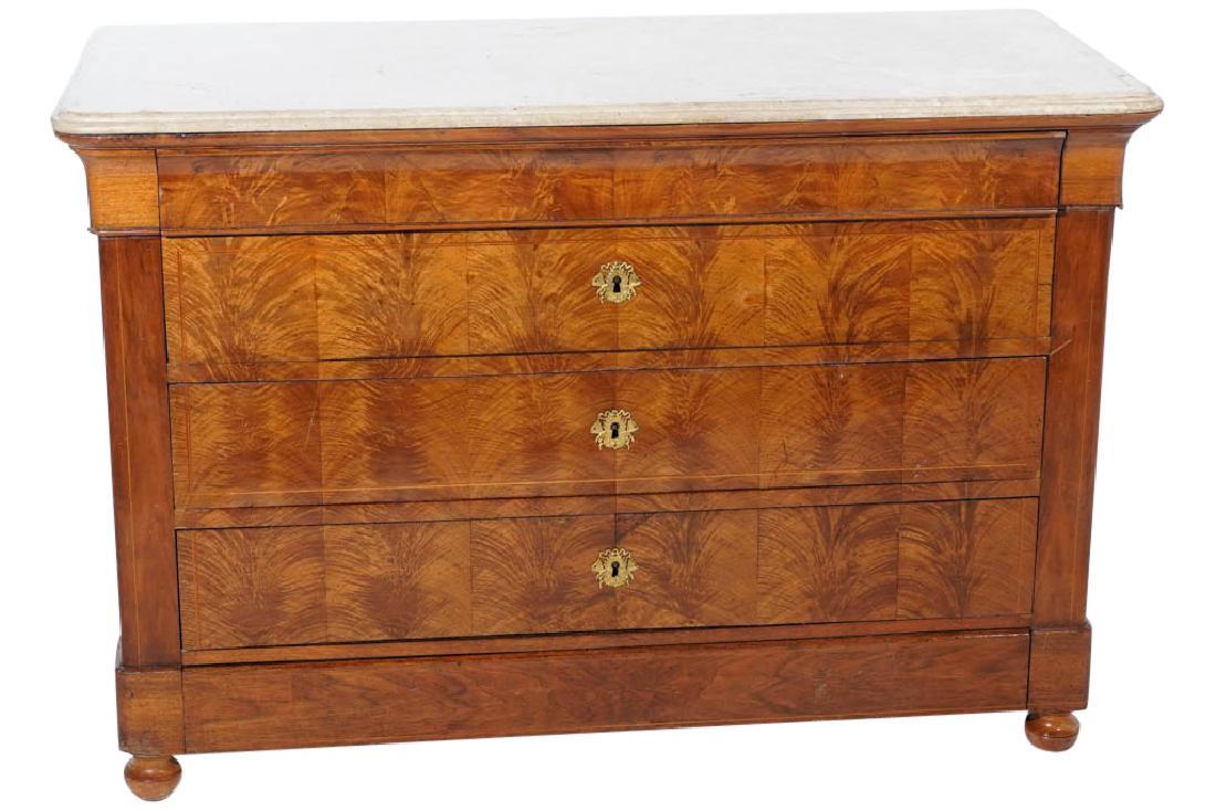 Louis Philippe Mahogany Commode: 19th C. Later marble top, over shaped cornice and three drawers. Good condition. 34.5"H x 50"W x 22"D