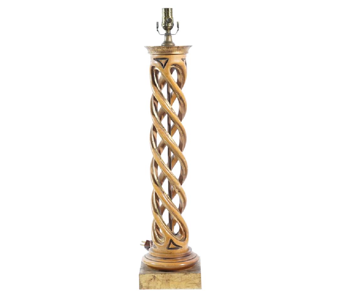 Mid Century Wooden Double Helix Lamp: In a brown painted finish with gilt highlights. Some scratches to paint and finish. 30"H x 7"W x 7"D