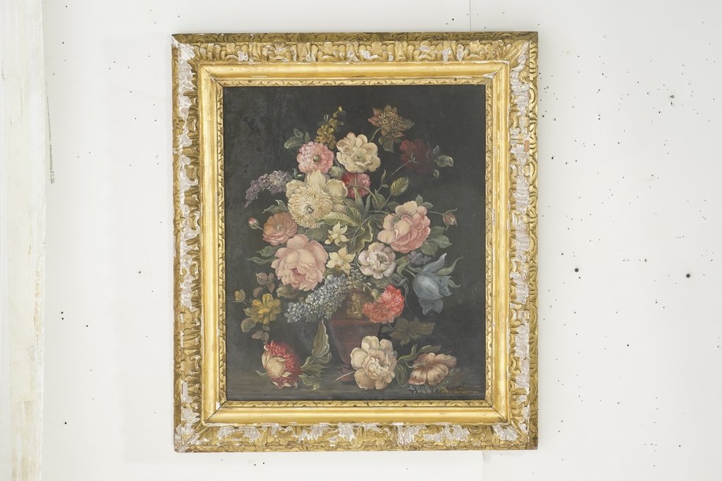 19th Floral Still Life: Oil on canvas. Signed Druscilla Wiseman. In a gilt frame (losses) . Label for Newman's Soho Square London, art suppliers. with A.H. Melville Smith to reverse in ink to reverse. S: F: 31.5"H x 27.5"W
