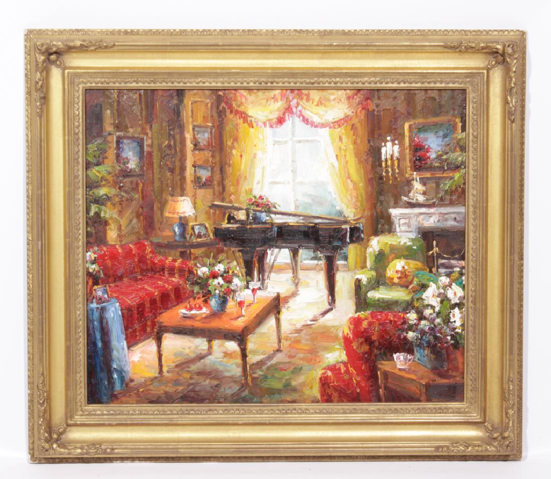An Elegant Interior: Corner of a music room, with piano. Oil on canvas, in a gilt frame. Label for Gallery 71, NYC to reverse. 26.5"H x 31"W