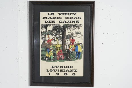 1986 Mardi Gras Poster by Thomas Boone: 1986 Mardi Gras Poster, Le Vieux Mardi Gras des Cajins. Eunice, LA. Signed and numbered 127/250. Matted and framed. 22"H x 14.5"W - sight 29.5"H x 22"W - overall