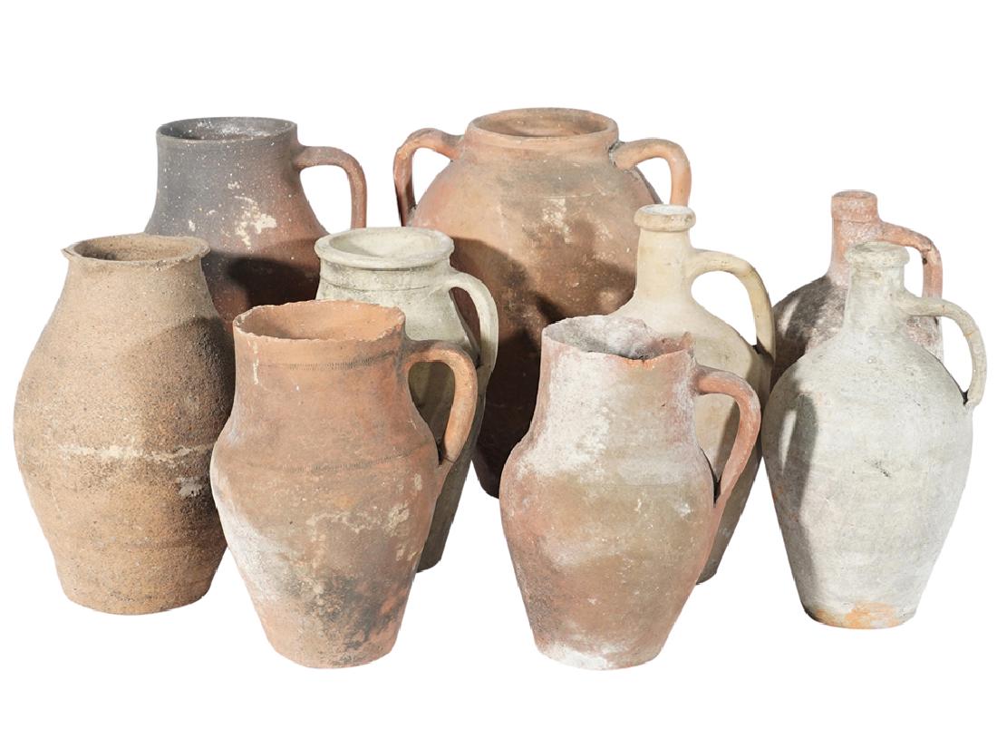 9 European 20th C. Oil Jars: 9 European 20th C. Oil Jars, Of terracotta, Amphora form. Good condition.. 15.5"H x 11"W