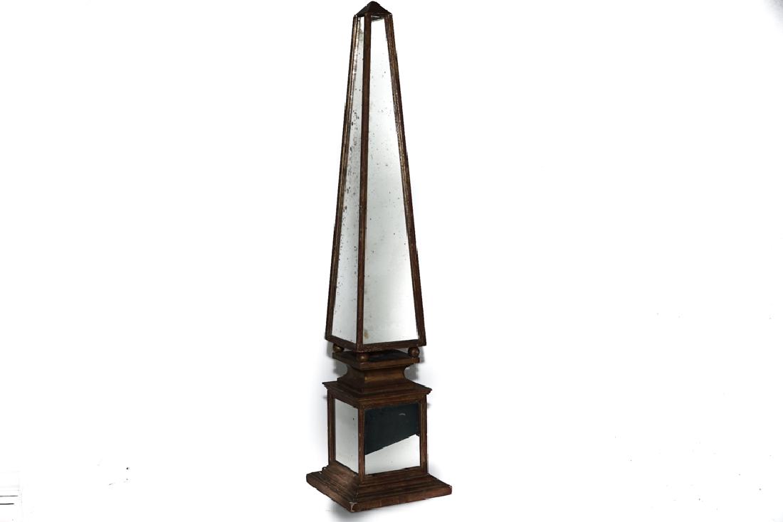 HOLLYWOOD REGENCY Mirrored Obelisk: 20th c In two parts. With mirrored surface, with giltwood edging Good condition 47" x 11" sq
