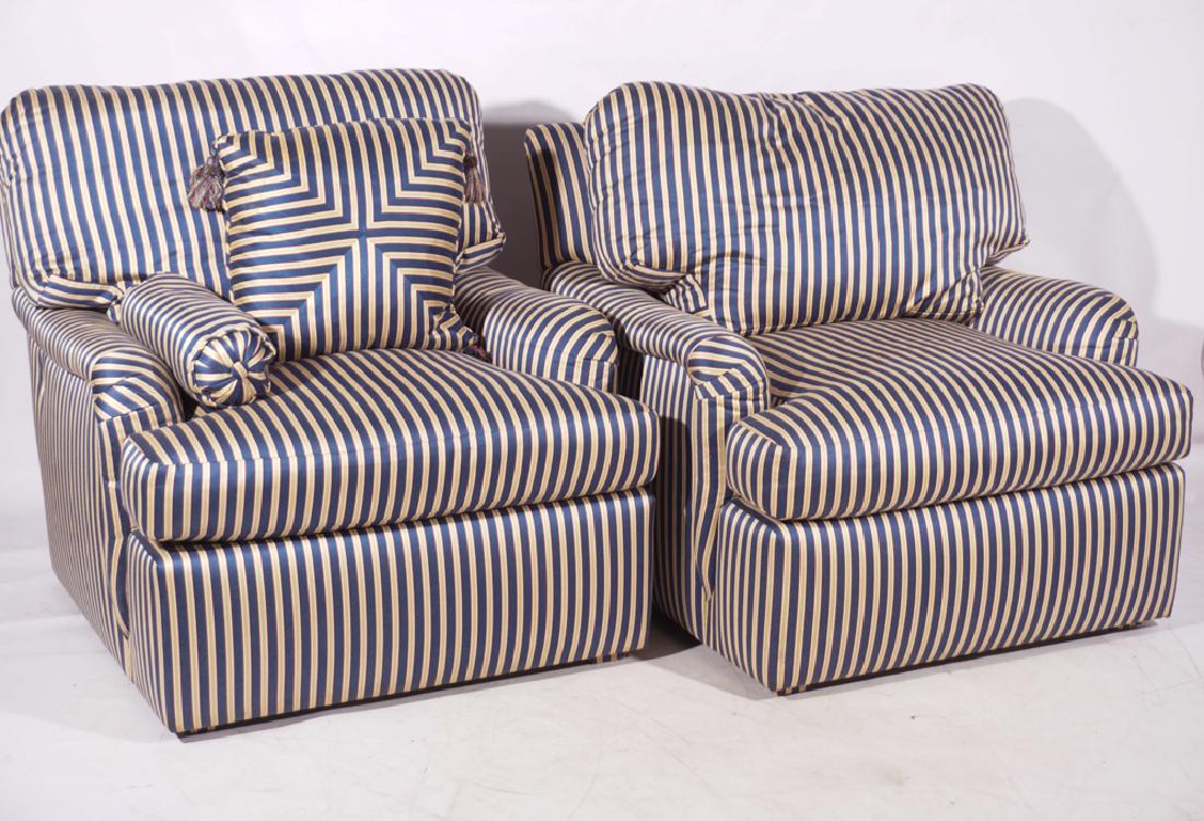 Pair Upholstered Club Chairs: Vintage. With loose back & seat cushions, in striped woven fabric. Tag for Betty M, Chicago Merchandise Mart Good condition 40" x 35" x 40"