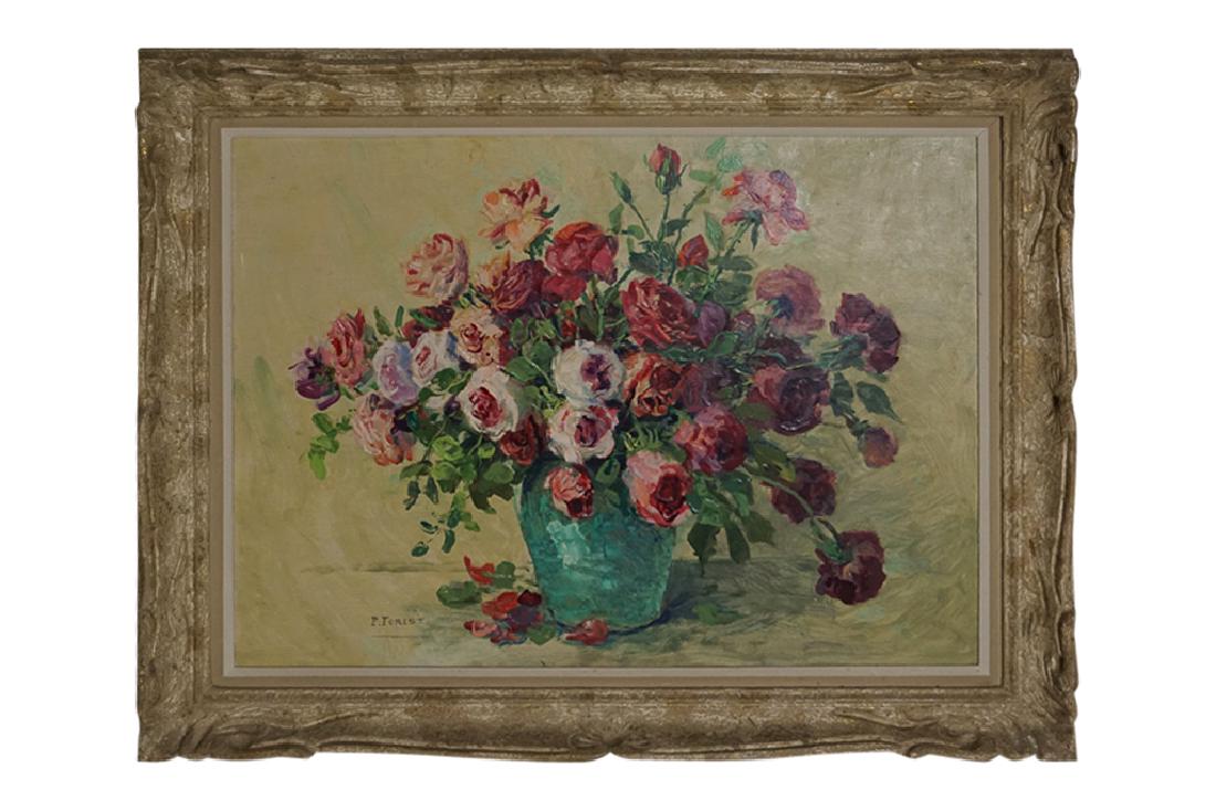 P. Forest, "Floral Still Life ": 20th C. Roses in a vase. Oil on canvas, in a carved and painted frame. 22" x 28" - sight 29" x 35" - frame