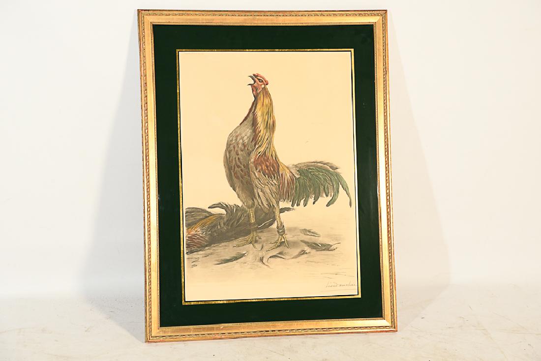 Leon Danchin, "Victory" Colored Etching: Crowing Cockerel. Artist Proof signed LR. Matted & framed. 26" x 18.5" 34" x 26.5" - overall