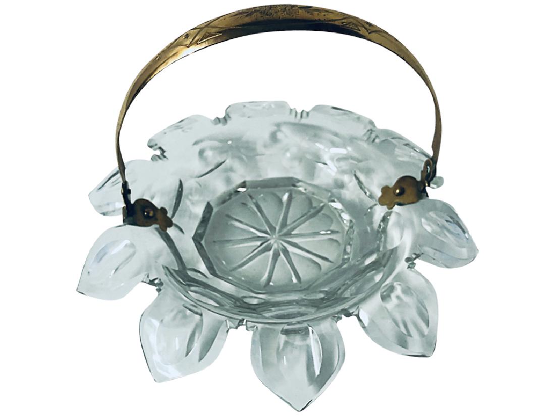 Cut Crystal Bonbon Dish: 20th C. Petal border, and brass handle. Fleabites. 5.5" x 8.5"