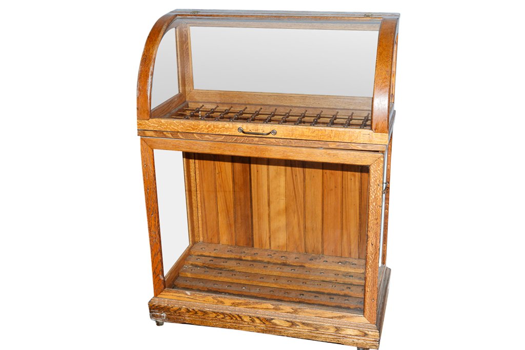 Antique Oak Cane Salesman/Display Cabinet: The interior with stick and ball spacers. With rounded glass lift top section and glass display sides and front. Has age and use. 48"H x 36"W x 18"D
