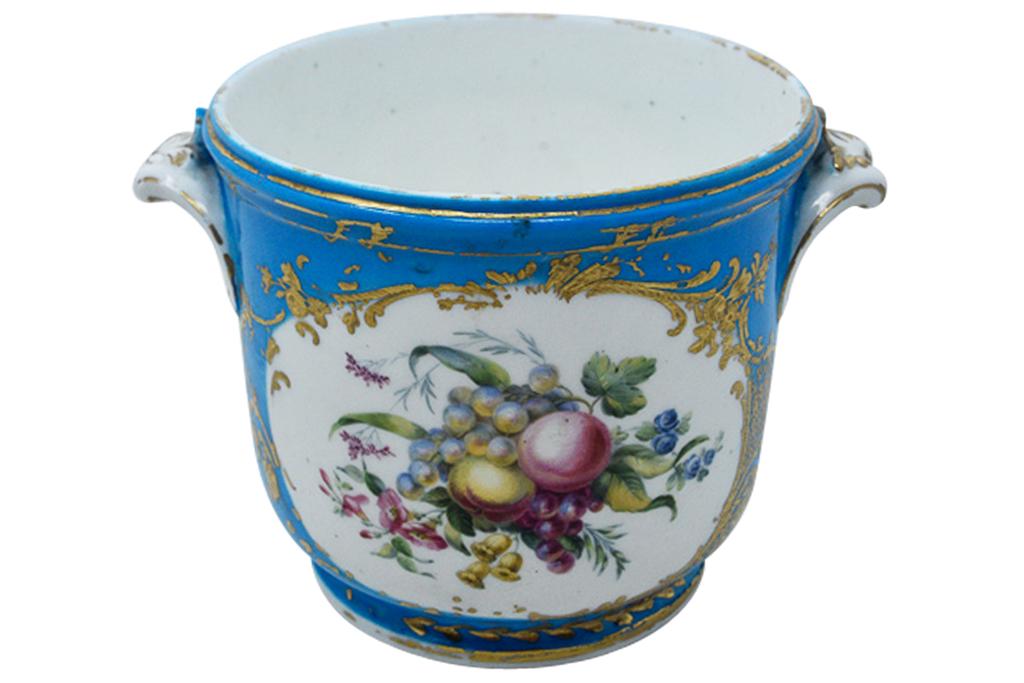 Sevres Cachepot w/ Hand Painted Genre Decoration: With romantic scene and hand painted details. Signed on bottom. 4.5"H x 5.5"W x 4.7"H Some use.