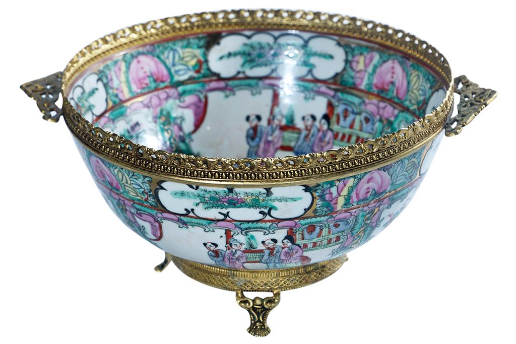 Chinese Rose Medallion Bowl with Bronze Mounts (1 of 6)