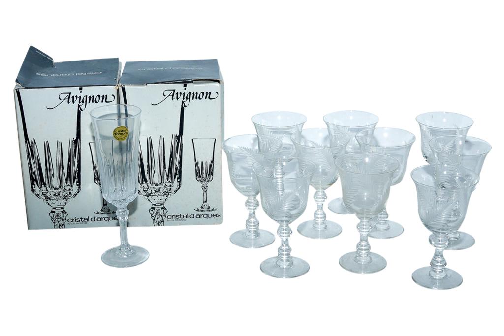 Set Crystal Wine & Drinking Glasses: Includes set in box from France, plus several cut glass examples. 5" H Showing some handling.