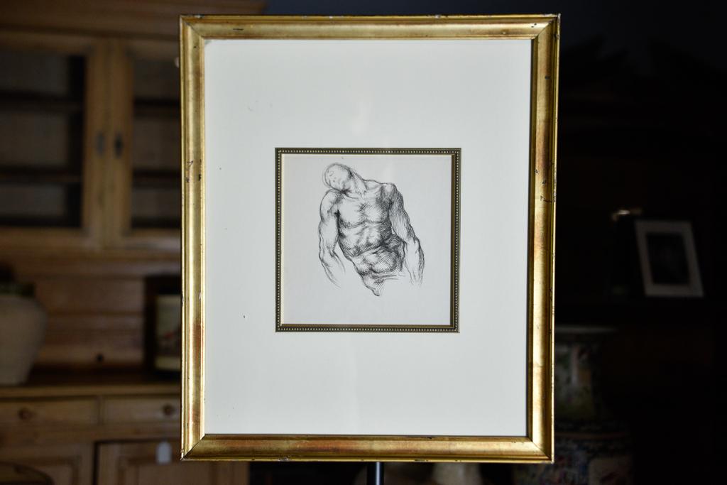 Edward Laning (American, 1906 - 1981): Ink on paper. Academic drawing of a nude male. Matted and framed. Laning studied at the Art Institute of Chicago, University of Chicago, and Art Students League. In 1937, he painted murals in New York