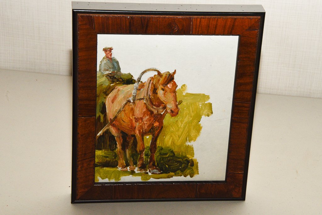 Soviet Russian Painting, Peasant with Wagon: Oil on canvas. Unsigned. Small tear to canvas. Framed. Overall good condition commensurate with age and use. Sight, 9"H x 7.50"W. Overall, 11.50"H x 10"W.