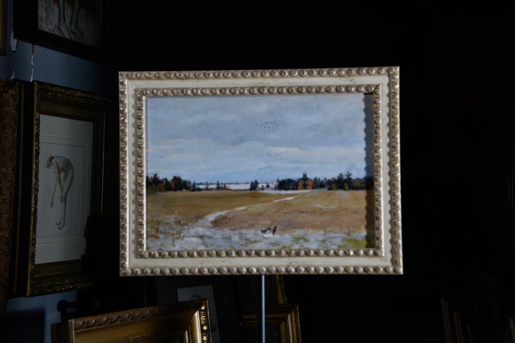 Soviet Russian Painting on Artist Panel: Depicting an extensive landscape. Framed. Sight, 12.50"H x 18.50"W. Overall, 16.75"H x 22.50"W.