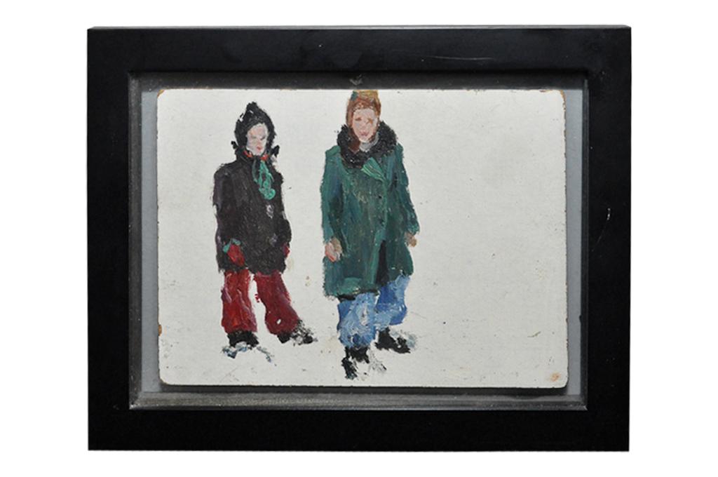 Vasily Kuzmich Komolov (Russian, 1918 - 1985): Oil on paper. Depicting a snowy scene with two young males. Artist Bio: Named as one of the top three hundred artists in the Soviet Union from 1930-1990. Born in the village of Tavolazhanka, Lipitsky 