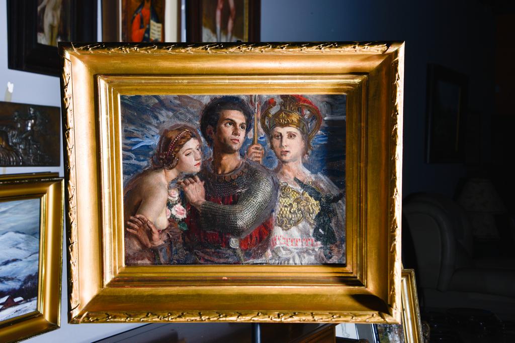 Andre Leroux (1911 - 1977): Oil on canvas. Depicting a classical scene of a knight an two females. House in a gilt leaf frame. Very good condition commensurate with age and use. Sight, 12.50"H x 16"W. Overall, 19.50"H x 23.50"W.