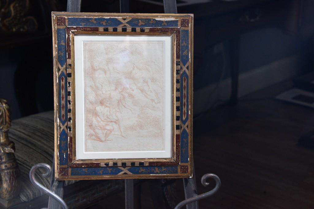 Attributed to C.W.A. Dietrich: 18th C. German Drawing. Red chalk on watermark laid paper depicting Adam and Eve being expelled from heaven. Attributed to German painter C.W.A. Dietrich (1712-1774). Sight, 8"H x 6"W. Overall, 12"H x