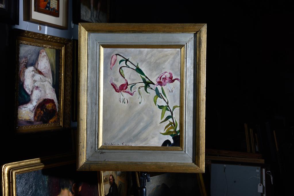 Edith Jackson Green (American, 1876 - 1934): Artist panel. Depicting orchids. Singed lower left. Framed. Overall very good condition commensurate with age and use. Sight, 19.50"H x 15.50"W. Overall, 29.25"H x 25.25"W.