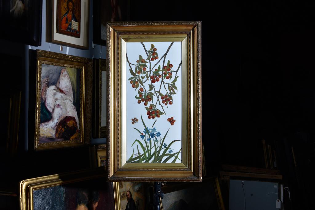 Painting on Milk Glass Signed Sam Martin 1902: Depicting cherries, flowers and butterflies. Signed lower left. Mounted on period frame. Minor loss to frame. Overall good condition commensurate with age and use. Sight, 24.50"H x 11.50"W. Overall, 3
