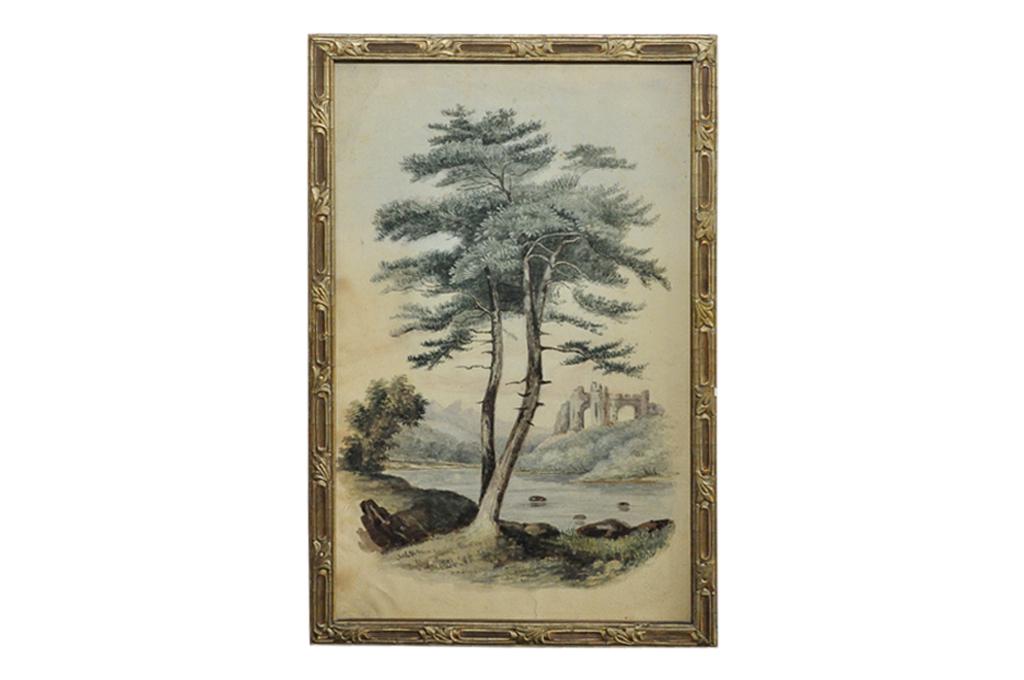 Caroline Bonaparte (French, 1782 - 1839), Unsigned: Watercolor. Tree with castle ruin. Label on verso "Painted by Caroline Bonaparte, Queen on Naples, while a pupil at Madame Campan's" . Sight, 10.75"H x 6.75. Overall, 11.50"H x 7.50"W.