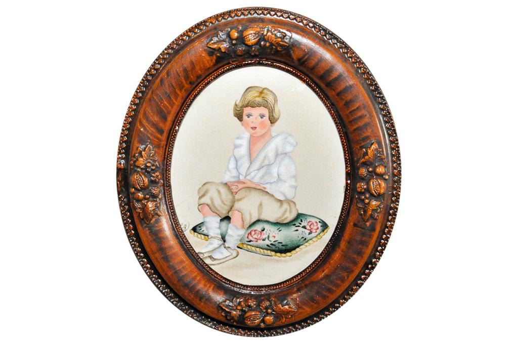 Lorrie Skahen, 1997, Painting: Painting with oils on velvet depicting a female seating on a floral-green cushion, handpainted. With artist monogram "LS" lower left. Label on verso. Sight, 9.5"H x 7.25"W. Overall, 14"H x 12"W.