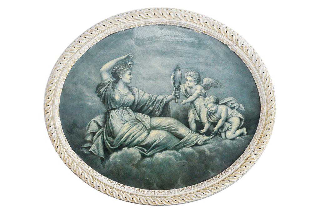 19th Century, French, Painting: Depicting a seated female wearing a robe and holding a mirror accompanied by two angelical figures. Housed in a oval gesso frame. Light cracks fo frame. Overall good condition commensurate with age an