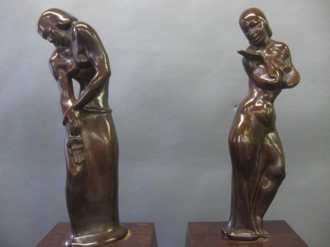 WILLIAM WALLACE ROSENBAUER (1900-1968):: Pair of art deco bronzes standing on large wooden bases. Untitled, c. 1930. Pieces are signed Rosenbauer and stamped with foundry mark: Roman bronze works N.Y. 3L. These pieces are listed in Smithsoni