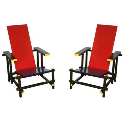 CASSINA, 635 RED & BLUE CHAIRS BY GERRIT RIETVELD:: Matched pair of vintage originals produced by Cassina with 1970's/1980's serial #s. Both chairs are indelibly marked with signature of the creator Gerrit Reitveld. Excellent condition.