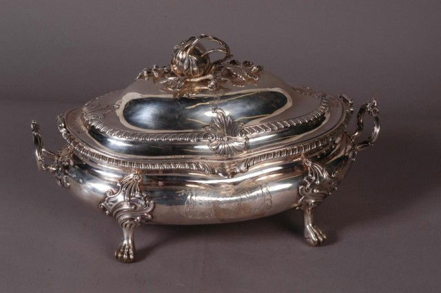 ENGLISH STERLING SILVER LIDDED TUREEN: With matching hallmarks to tureen and tureen lid. Removable finial is unmarked. In very good condition. 86.6 Troy oz. 10"H X 16"W
