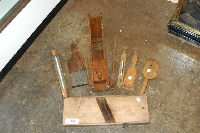 LOT OF 8 PRIMITIVE KITCHEN UTENSILS: includes 3 graters/slicers, 3 wooden spoons/mixers, copper thermometer, and wooden floating thermometer.