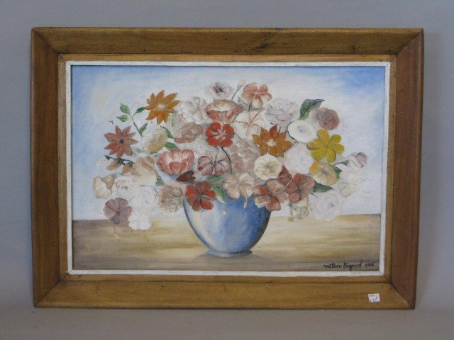 WILSON BIGAUD (1931-):: Oil on masonite. Floral still life in a blue basin. Signed and dated lower right, "Wilson Bigaud 1966".