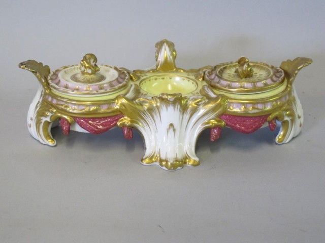 K.P.M. PORCELAIN INKWELL: 3"H X 9.5"W