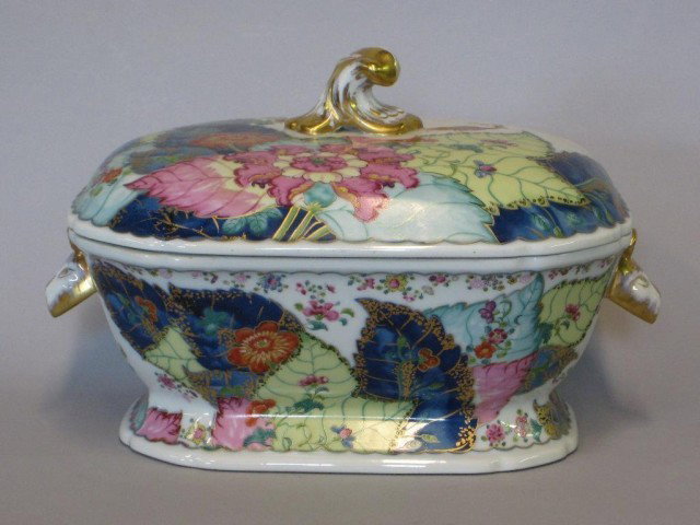 MOTTAHEDEH LIDDED BOWL:: In the tobacco leaf pattern. 14"W X 9"D X 8.75"H