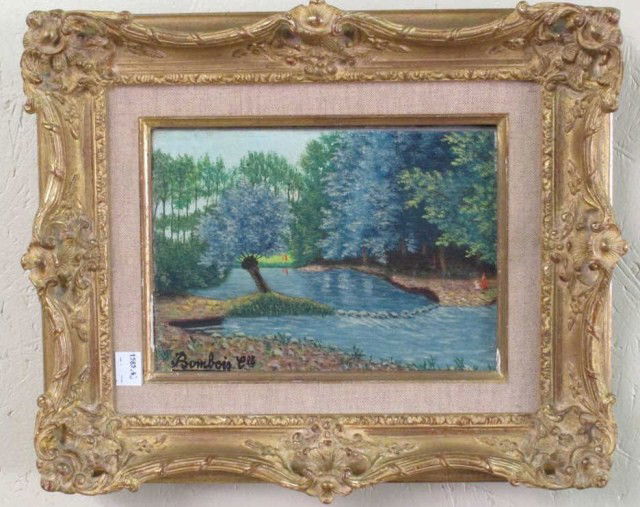 CAMILLE BOMBOIS (FRENCH, 1883-1970): Oil on canvas. Titled on verso "Les Bords de Y'Armancan". Signed lower left "Bombois. Clle." 6.5"H X 8.75"W. Gilt framed.
