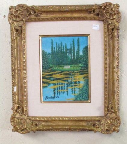 CAMILLE BOMBOIS (FRENCH, 1883-1970): Oil on canvas. Titled on verso "Parc D'Ermononville". Signed lower left "Bombois. Clle." 9.75"H X 7.5"W. Gilt framed.