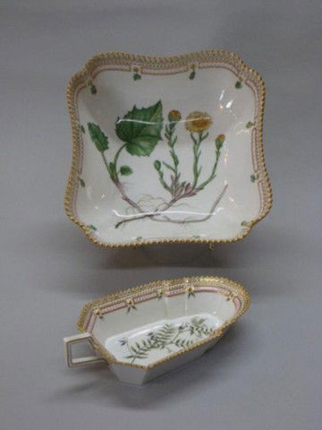 ROYAL COPENHAGEN "FLORA DANICA" GRAVY BOAT & BOWL: A beautiful and functional porcelain set that includes a gravy boat and a serve bowl. Scalloped squared edges on bowl, and generous-sized gravy boat with rounded side for pouring, and sculpted handle.