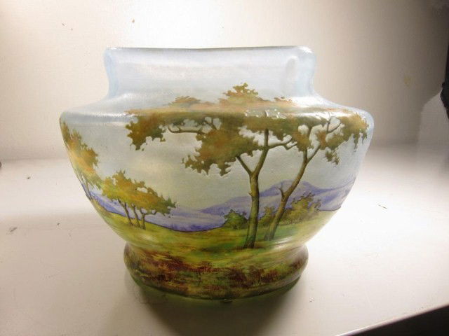 DAUM NANCY LANDSCAPE VASE: An enameled blue mountain landscape vase with squared top. 4.75"H X 6.5"